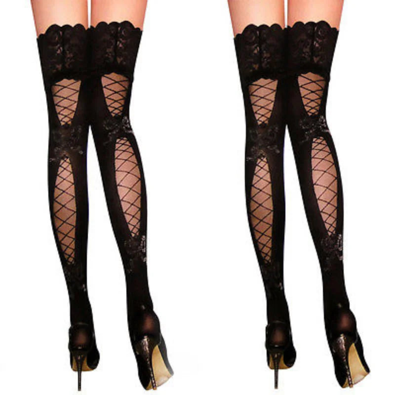 Black Lace Fishnet Thigh-High Stockings